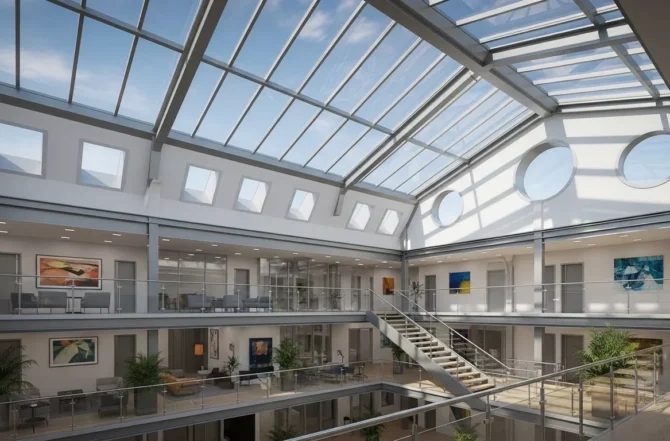 Coberturas, mezaninos e skylights de vidro