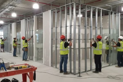 Instalação de dry glass walls (sistema drywall com vidro)