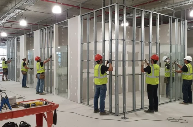 Instalação de dry glass walls (sistema drywall com vidro)